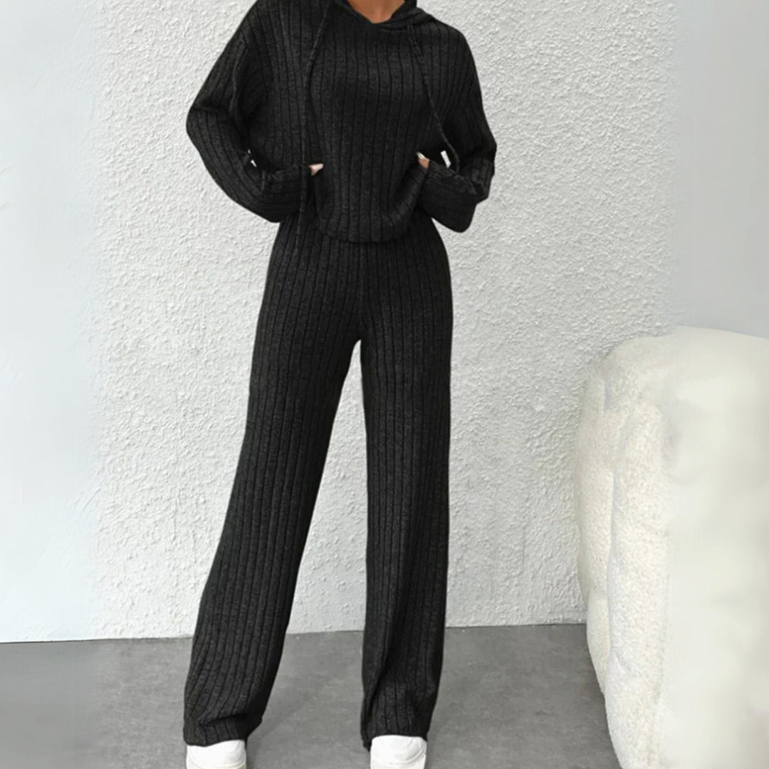 Damen Zweiteiler Hoodie und Jogginghose Set Rippstrick - Schwarz