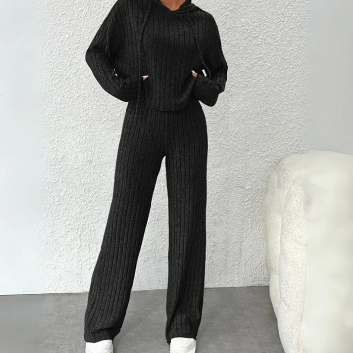 Damen Zweiteiler Hoodie und Jogginghose Set Rippstrick - Schwarz