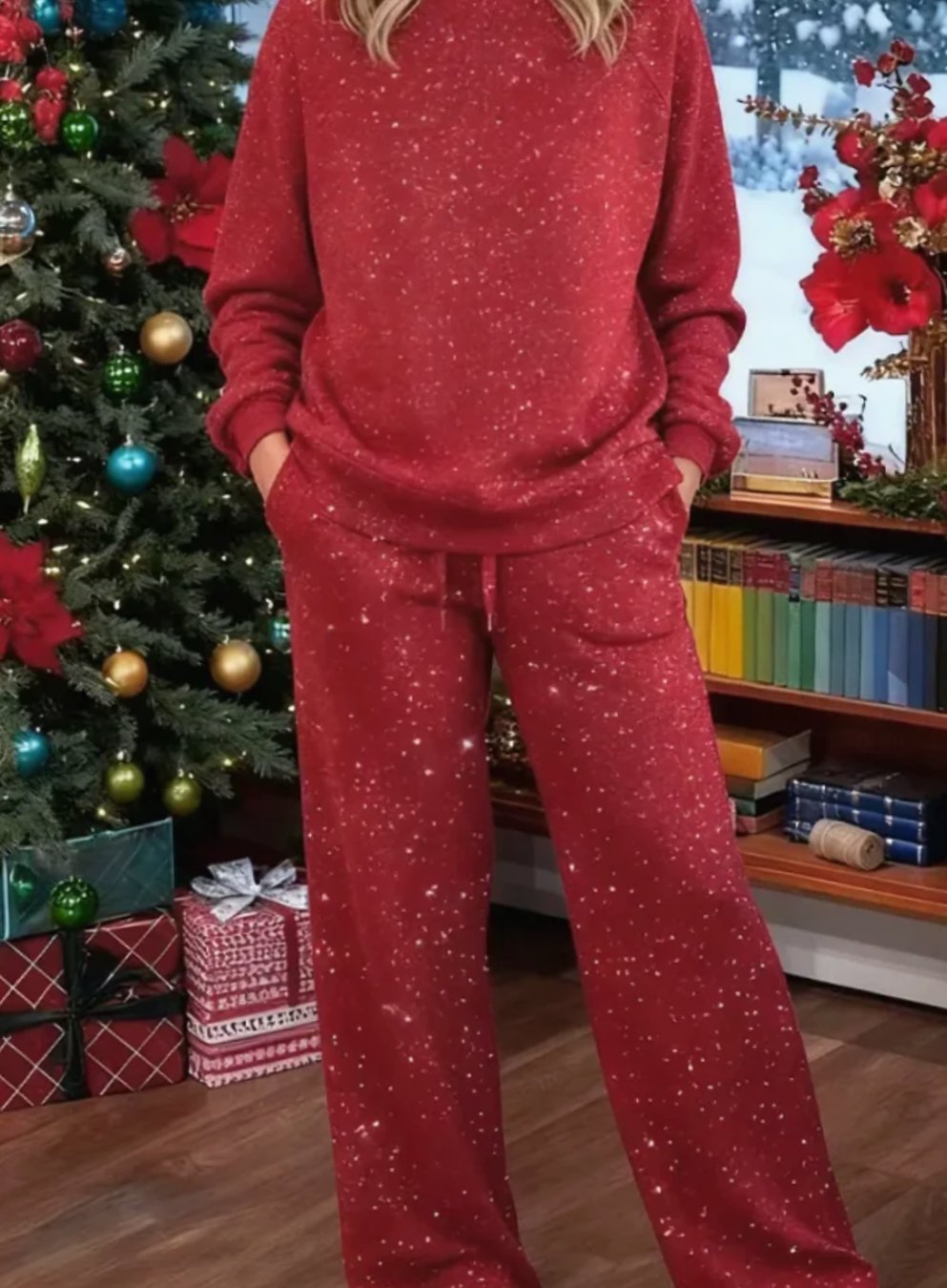Damen Zweiteiler Loungewear Set Glitzer Pullover Weite Hose - Rot