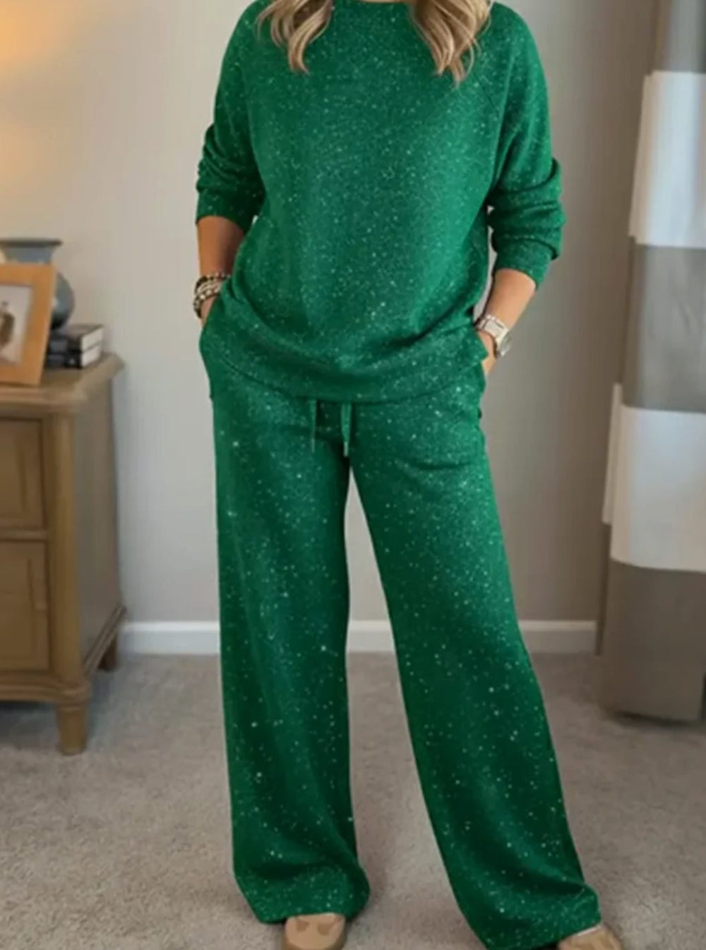 Damen Zweiteiler Loungewear Set Glitzer Pullover Weite Hose - Grün