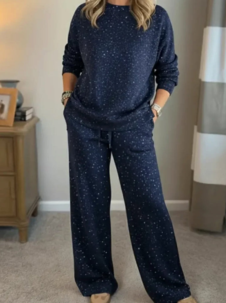 Damen Zweiteiler Loungewear Set Glitzer Pullover Weite Hose - Blau
