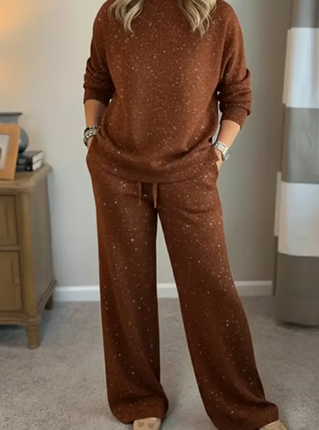 Damen Zweiteiler Loungewear Set Glitzer Pullover Weite Hose - Braun