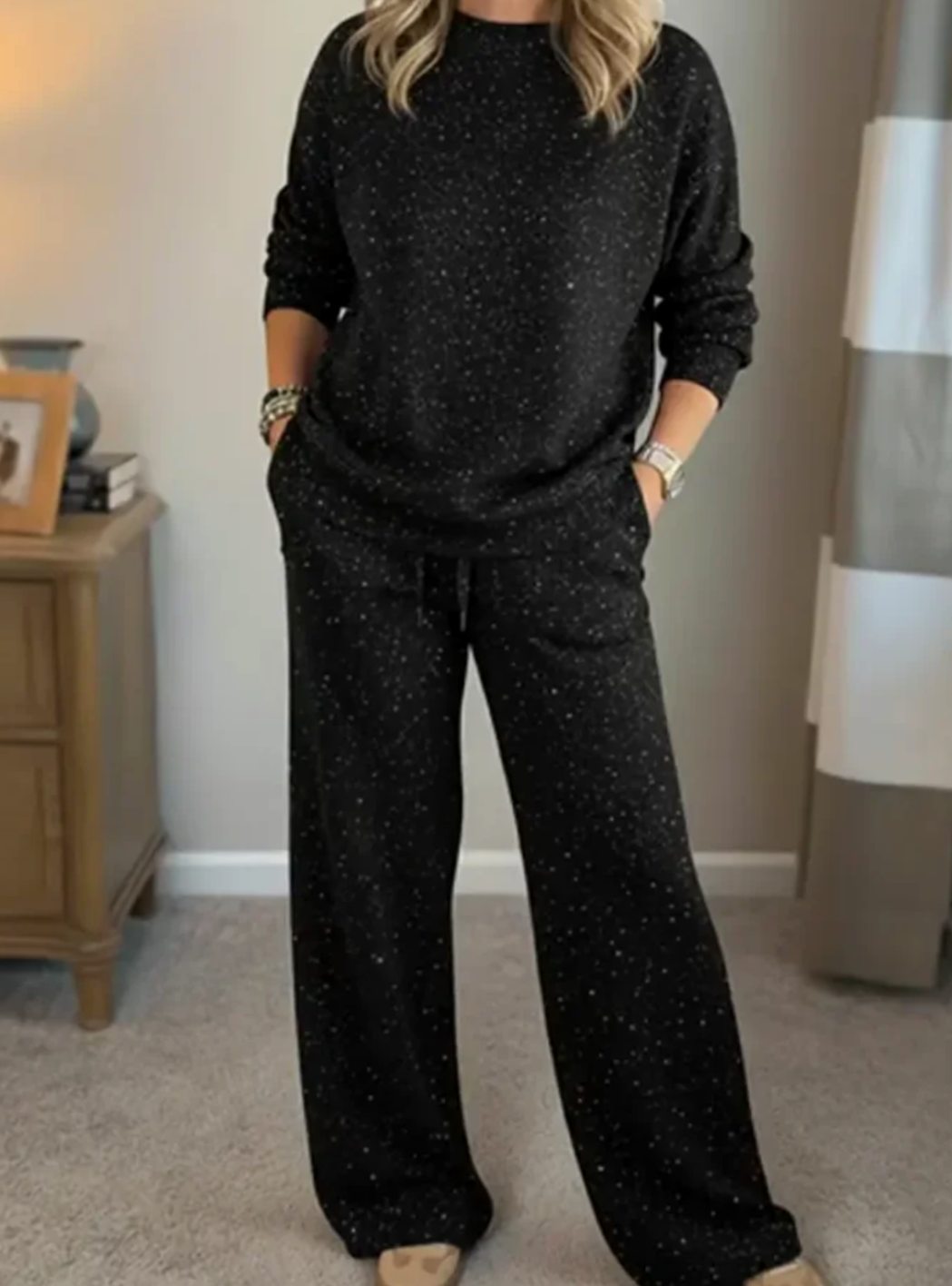 Damen Zweiteiler Loungewear Set Glitzer Pullover Weite Hose - Schwarz