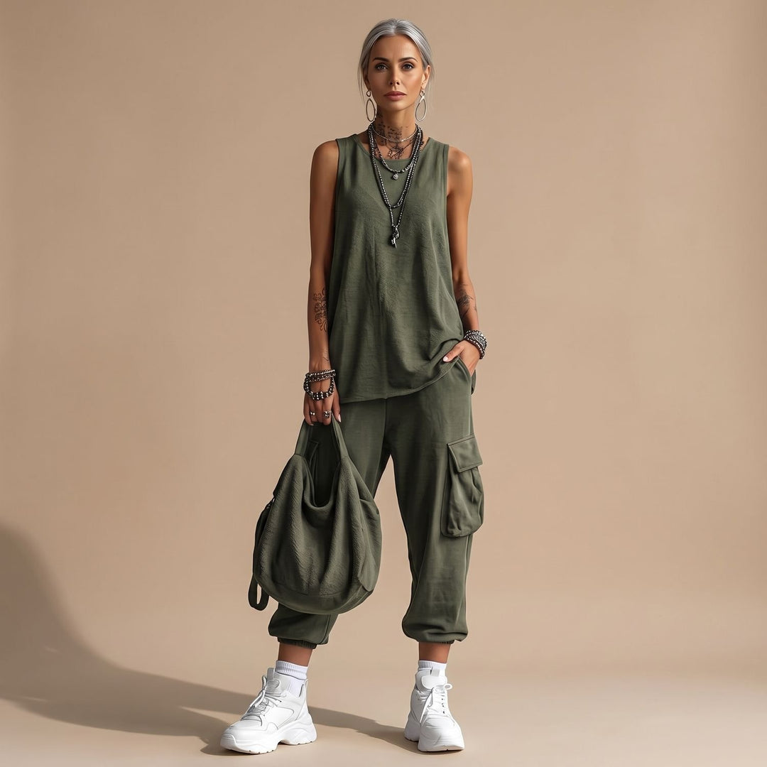 Damen Zweiteiler Ärmellosem Top Cargo-Hose mit Taschen - Armeegrün