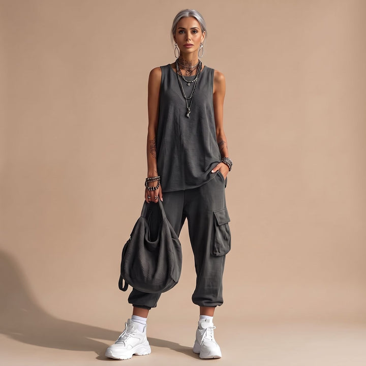 Damen Zweiteiler Ärmellosem Top Cargo-Hose mit Taschen - Grau