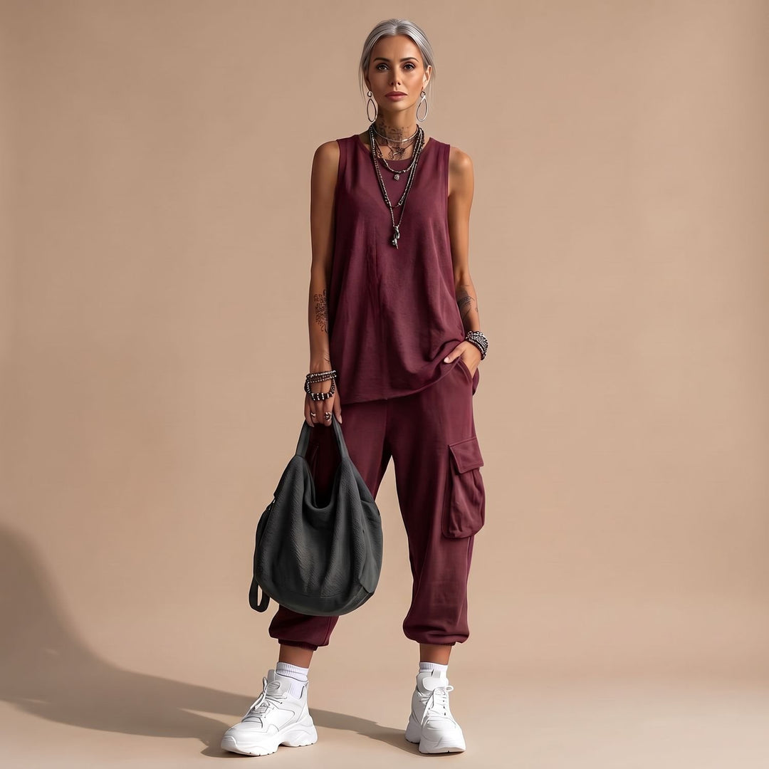 Damen Zweiteiler Ärmellosem Top Cargo-Hose mit Taschen