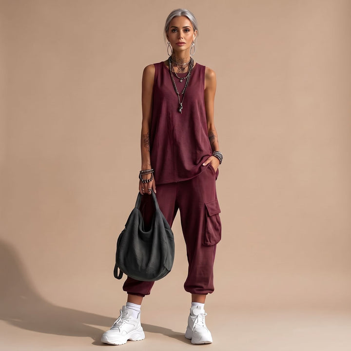 Damen Zweiteiler Ärmellosem Top Cargo-Hose mit Taschen