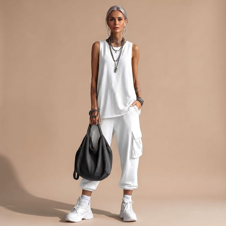 Damen Zweiteiler Ärmellosem Top Cargo-Hose mit Taschen - Weiß