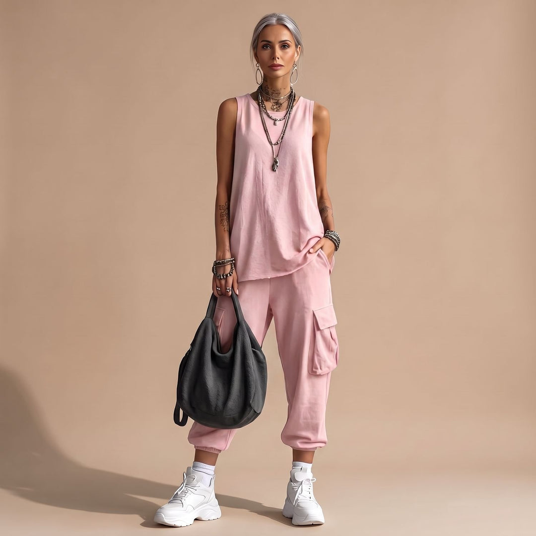 Damen Zweiteiler Ärmellosem Top Cargo-Hose mit Taschen - Rosa