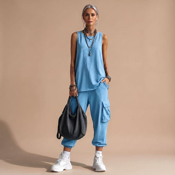 Damen Zweiteiler Ärmellosem Top Cargo-Hose mit Taschen - Hellblau