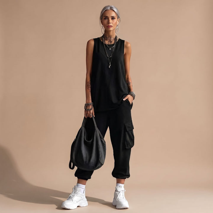 Damen Zweiteiler Ärmellosem Top Cargo-Hose mit Taschen - Schwarz