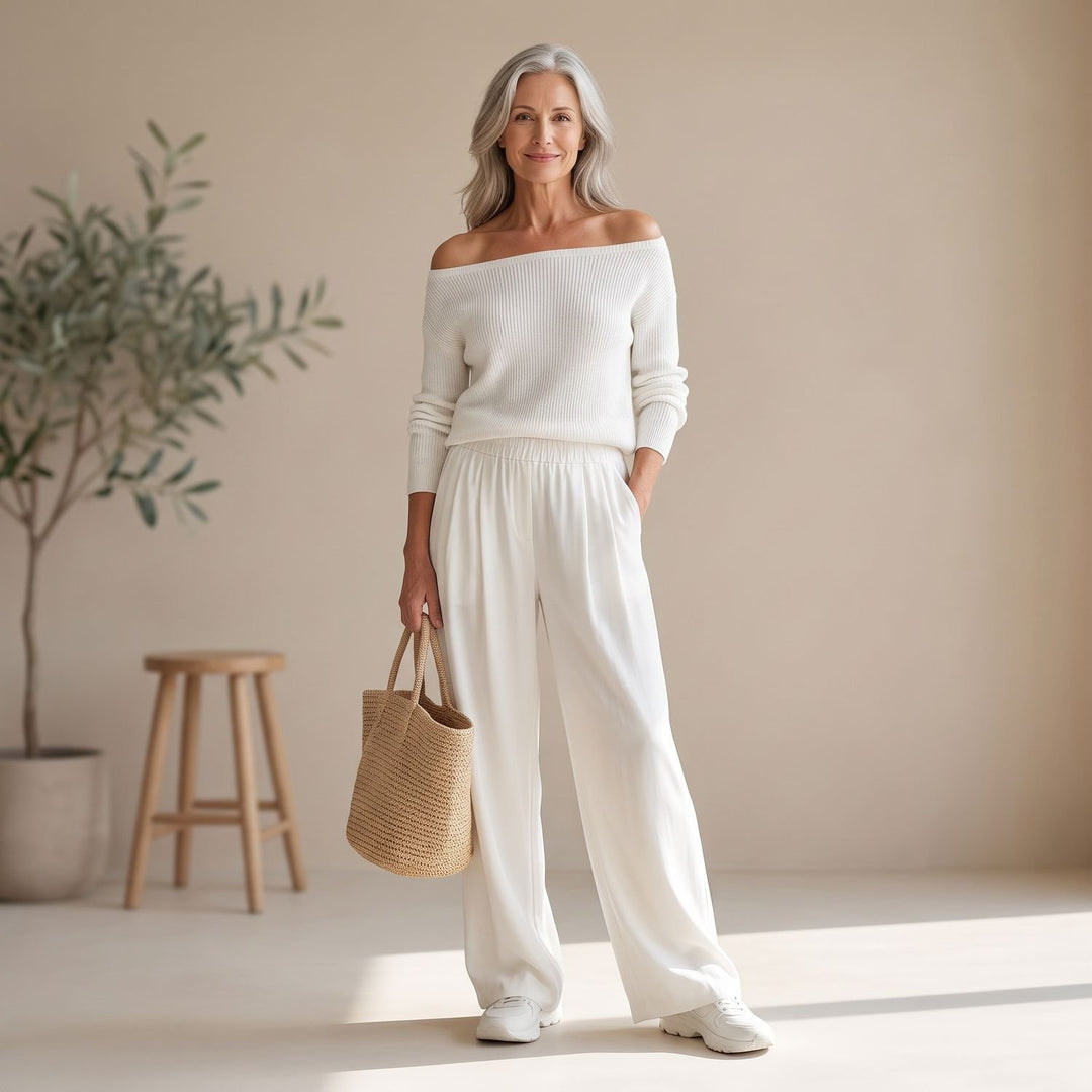 Damen Zweiteiler schulterfreier Pullover mit weiter Hose - Weiß