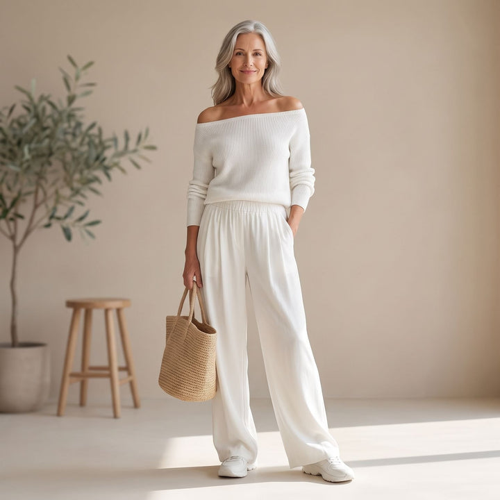 Damen Zweiteiler schulterfreier Pullover mit weiter Hose - Weiß