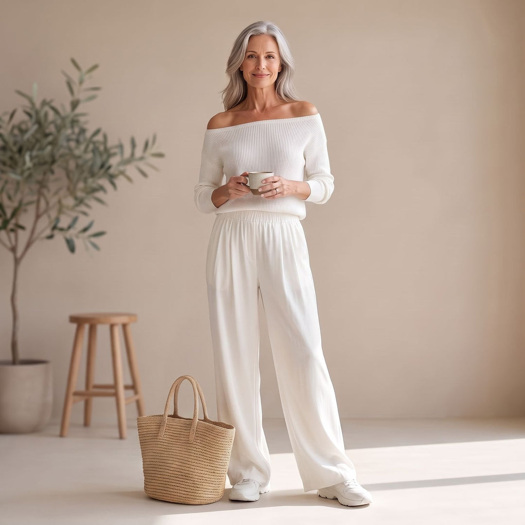 Damen Zweiteiler schulterfreier Pullover mit weiter Hose