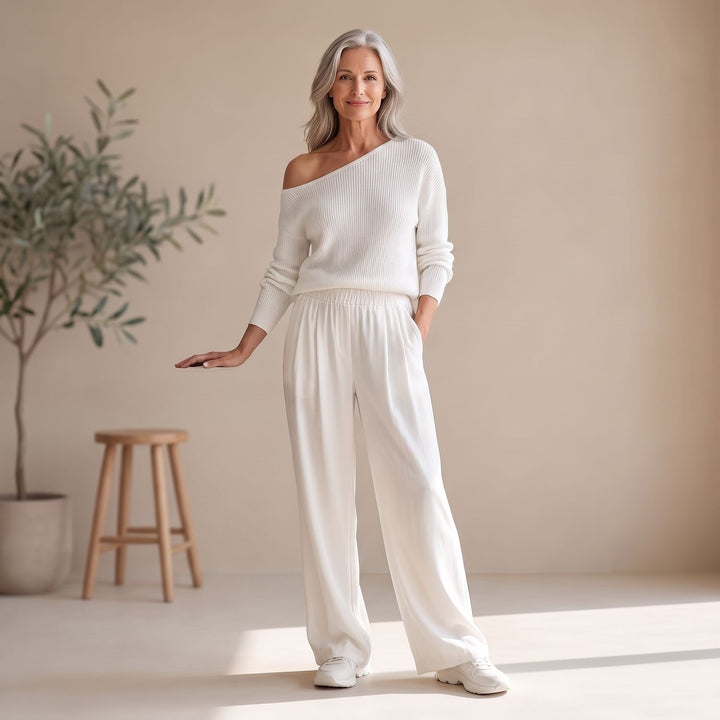 Damen Zweiteiler schulterfreier Pullover mit weiter Hose