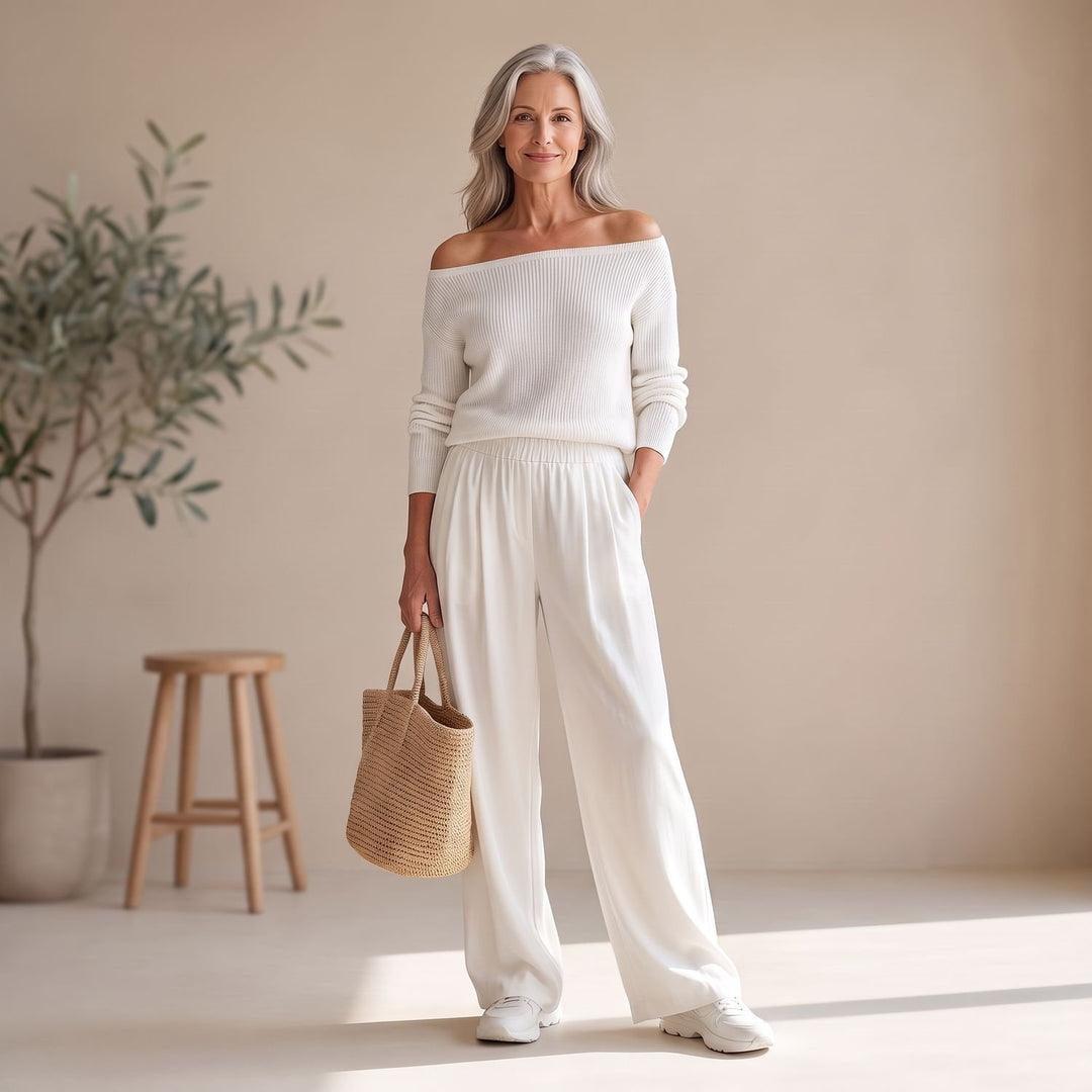 Damen Zweiteiler schulterfreier Pullover mit weiter Hose