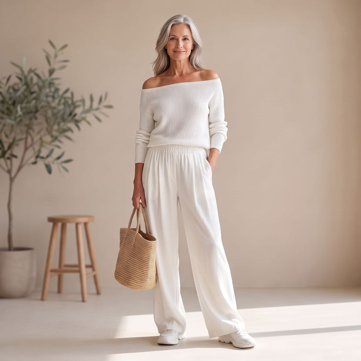Damen Zweiteiler schulterfreier Pullover mit weiter Hose