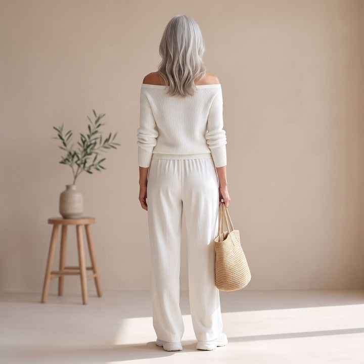 Damen Zweiteiler schulterfreier Pullover mit weiter Hose
