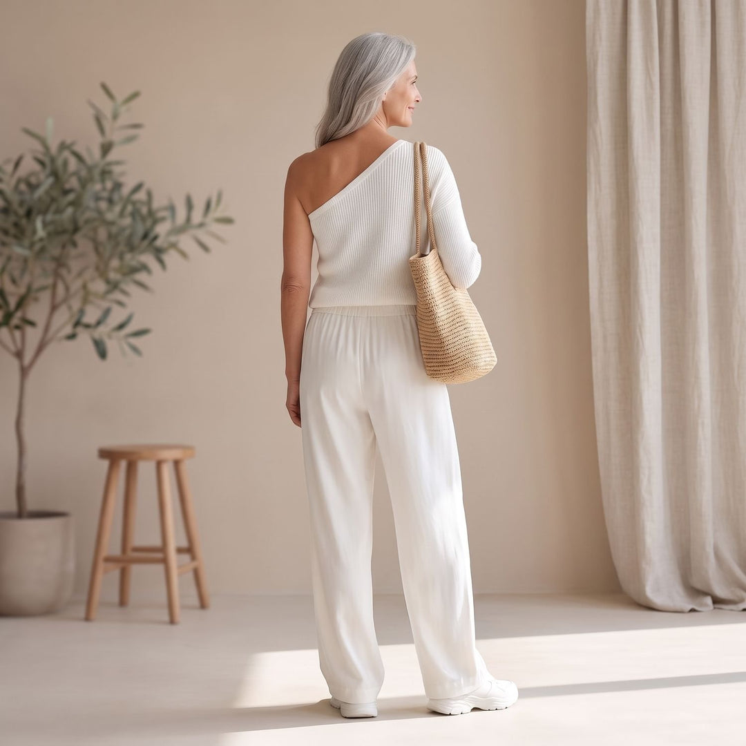 Damen Zweiteiler schulterfreier Pullover mit weiter Hose