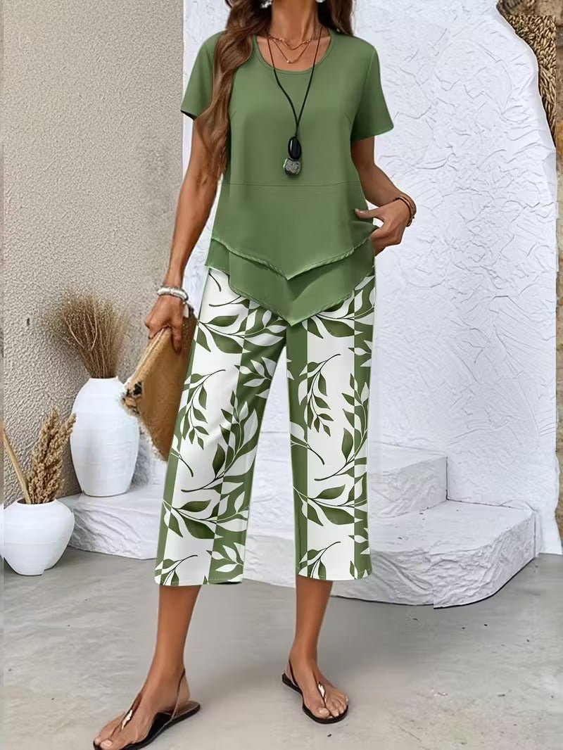 Damen Zweiteiler Set Kurzarm Oberteil Blätter Print Hose - Green