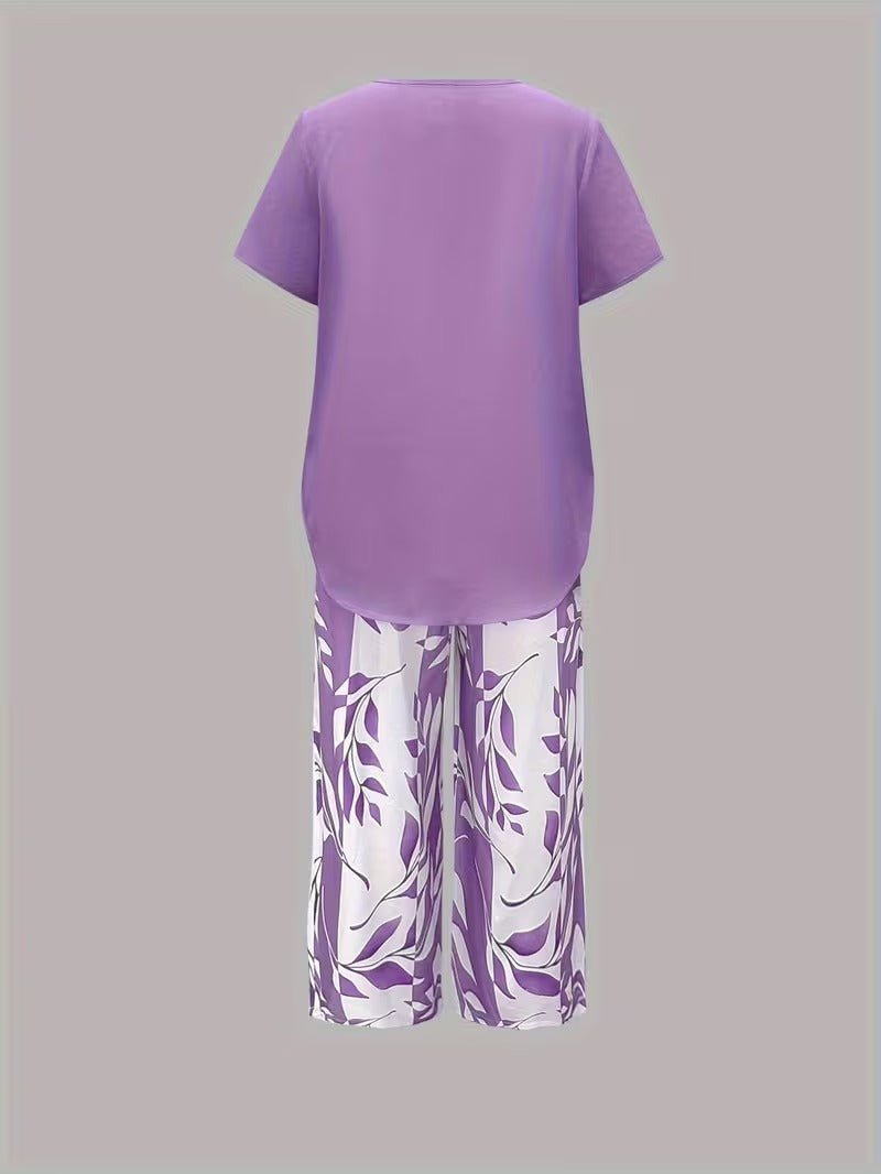 Damen Zweiteiler Set Kurzarm Oberteil Blätter Print Hose