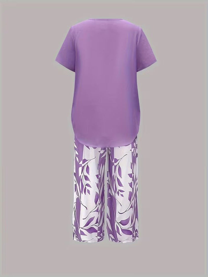 Damen Zweiteiler Set Kurzarm Oberteil Blätter Print Hose