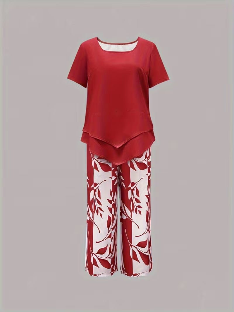 Damen Zweiteiler Set Kurzarm Oberteil Blätter Print Hose