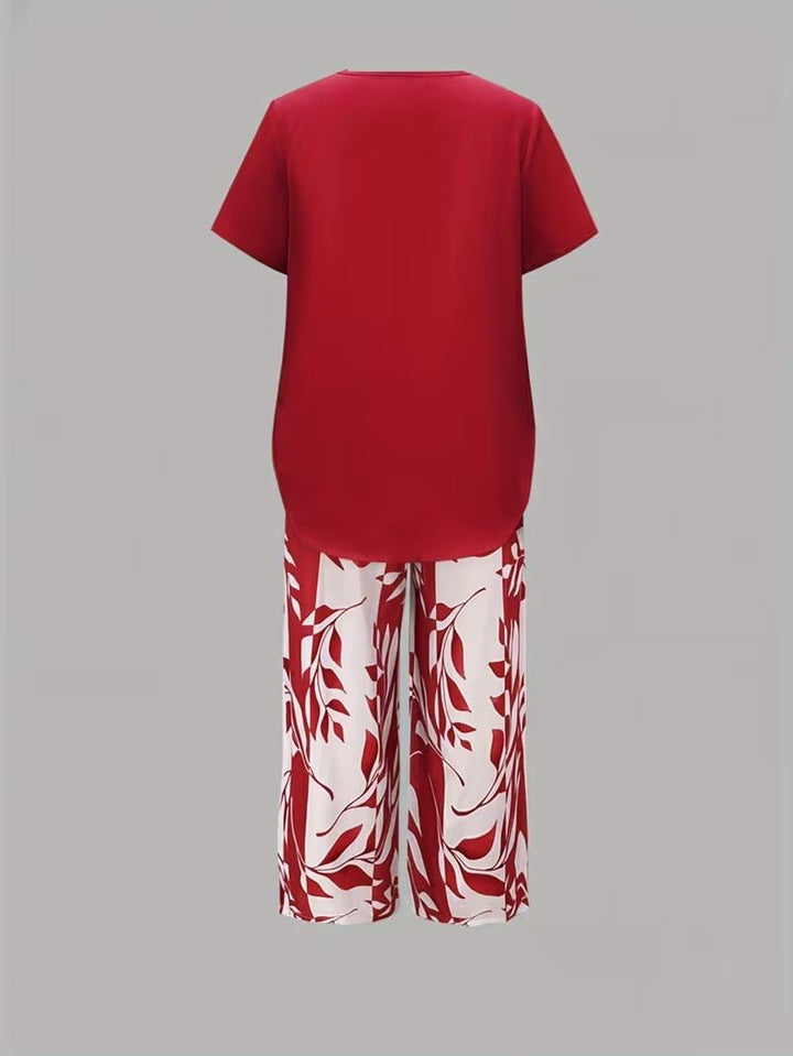 Damen Zweiteiler Set Kurzarm Oberteil Blätter Print Hose