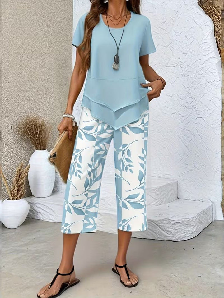 Damen Zweiteiler Set Kurzarm Oberteil Blätter Print Hose - Light Blue