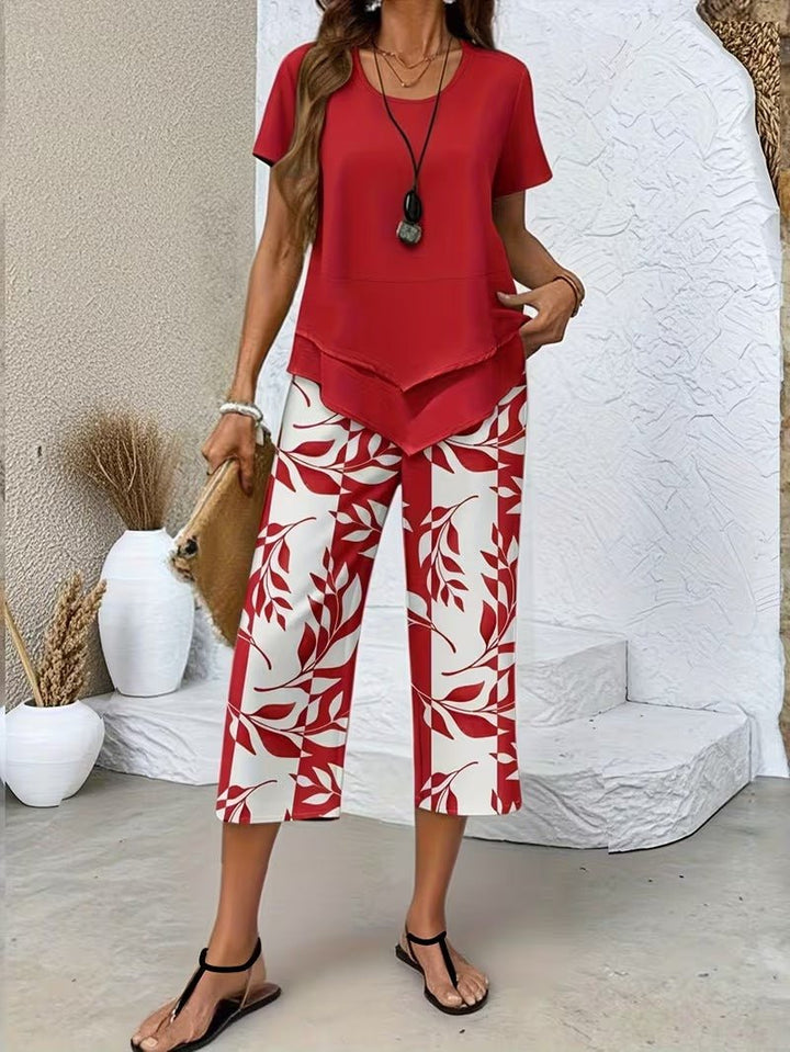 Damen Zweiteiler Set Kurzarm Oberteil Blätter Print Hose - Red