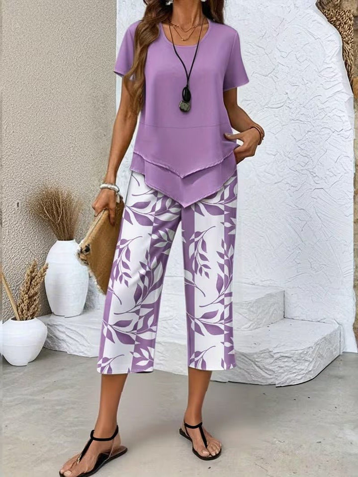 Damen Zweiteiler Set Kurzarm Oberteil Blätter Print Hose - Purple