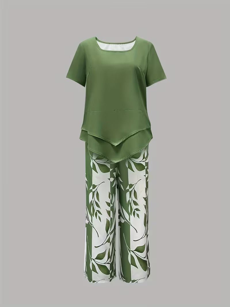 Damen Zweiteiler Set Kurzarm Oberteil Blätter Print Hose