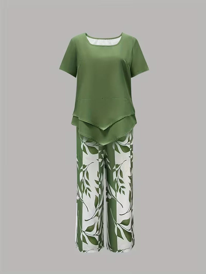 Damen Zweiteiler Set Kurzarm Oberteil Blätter Print Hose