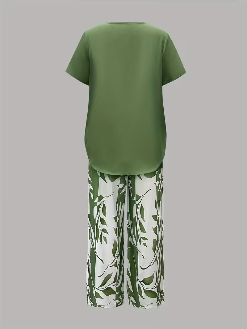 Damen Zweiteiler Set Kurzarm Oberteil Blätter Print Hose