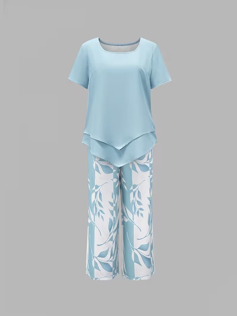 Damen Zweiteiler Set Kurzarm Oberteil Blätter Print Hose