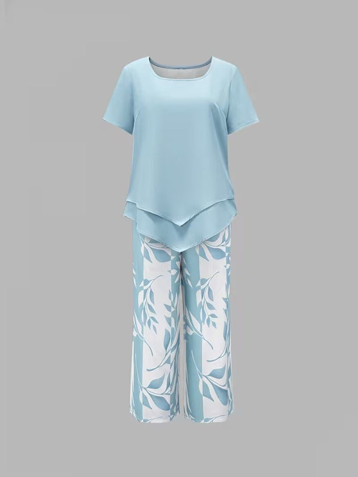 Damen Zweiteiler Set Kurzarm Oberteil Blätter Print Hose