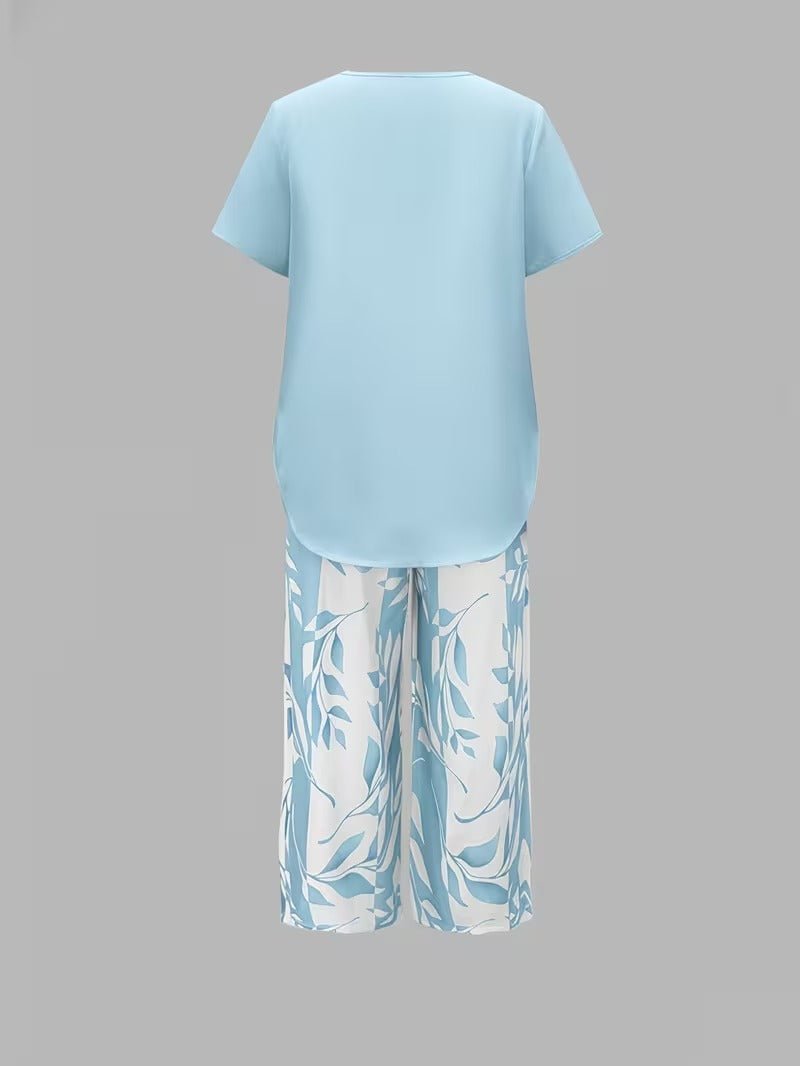 Damen Zweiteiler Set Kurzarm Oberteil Blätter Print Hose