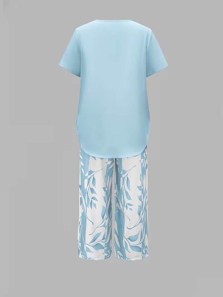 Damen Zweiteiler Set Kurzarm Oberteil Blätter Print Hose