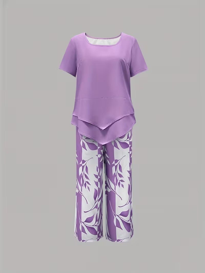 Damen Zweiteiler Set Kurzarm Oberteil Blätter Print Hose