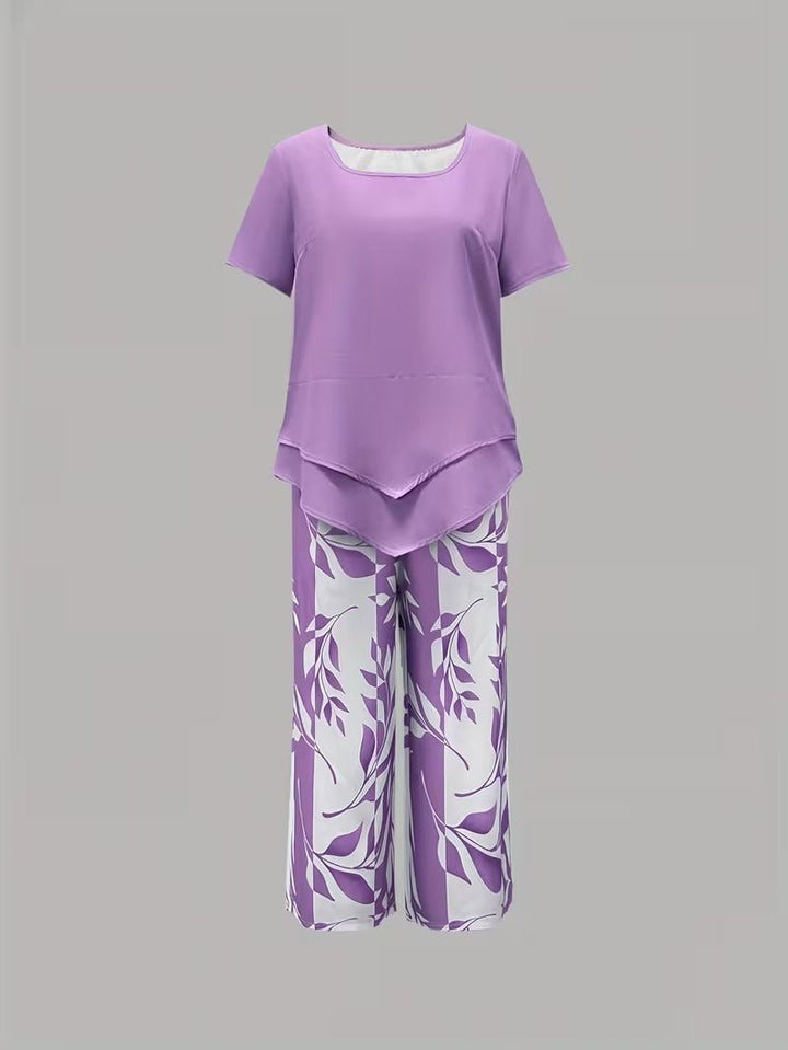 Damen Zweiteiler Set Kurzarm Oberteil Blätter Print Hose