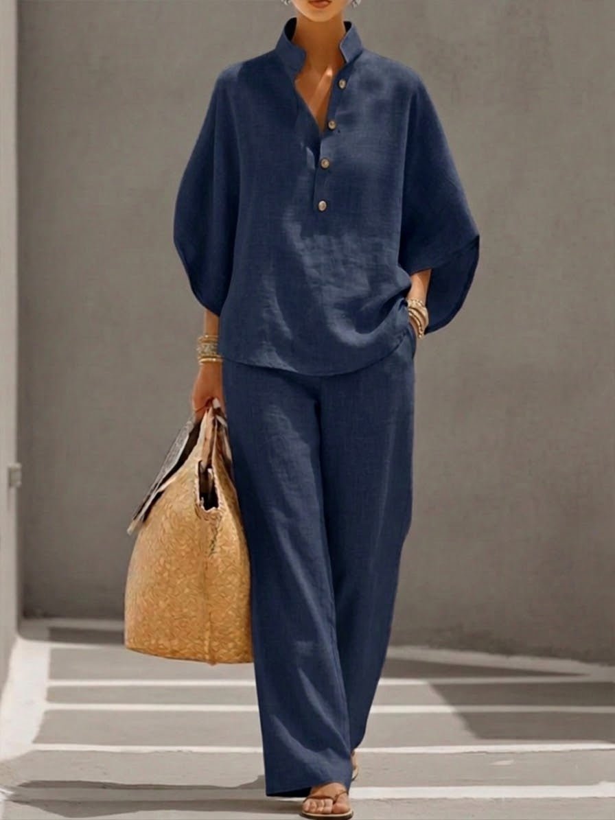 Damen Zweiteiler-Set mit Fledermausärmeln und weiter Hose - Navy