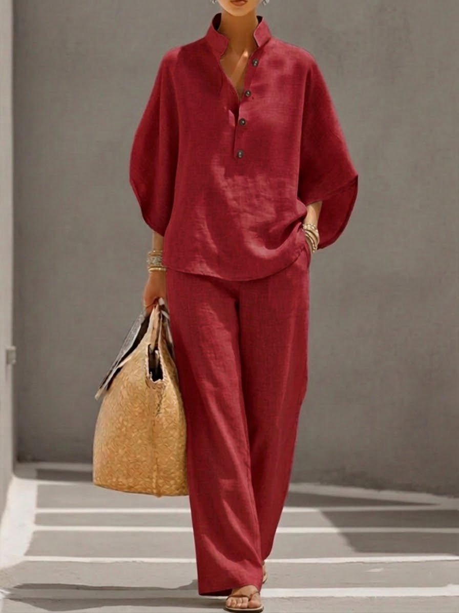 Damen Zweiteiler-Set mit Fledermausärmeln und weiter Hose - Red