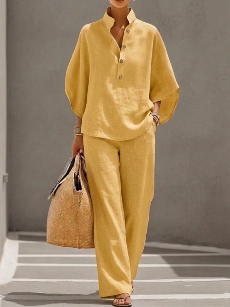 Damen Zweiteiler-Set mit Fledermausärmeln und weiter Hose - Yellow
