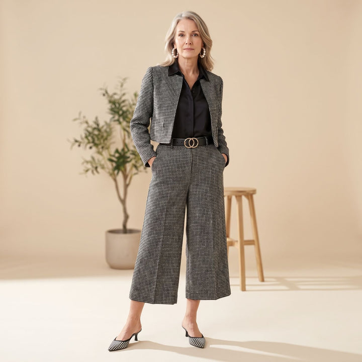 Damen Zweiteiler Tweed-Jacke Weithose elegantes Hosenanzug-Set - Schwarz