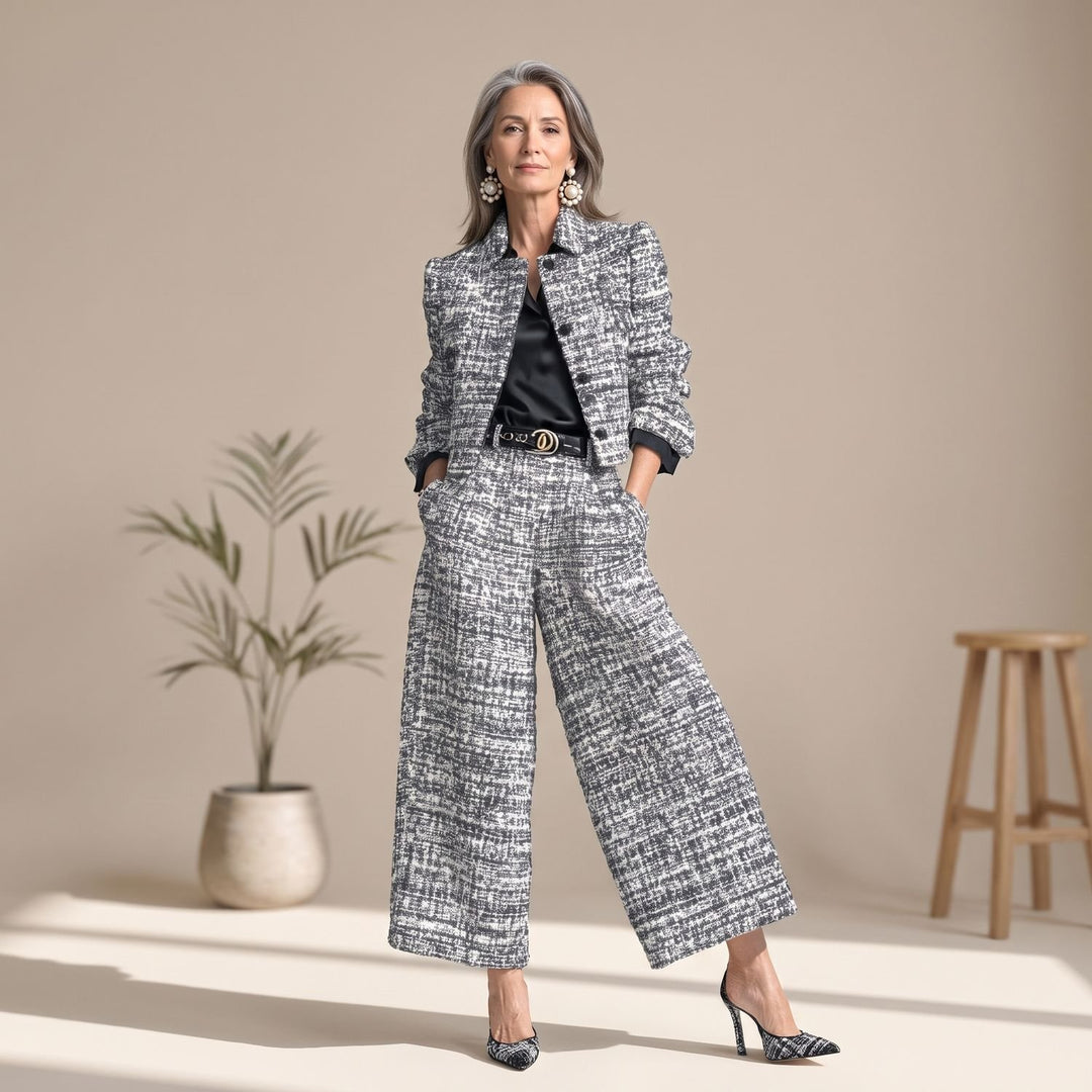 Damen Zweiteiler Tweed-Jacke Weithose elegantes Hosenanzug-Set - Grau