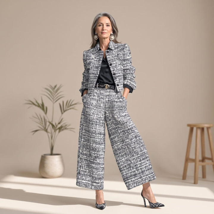 Damen Zweiteiler Tweed-Jacke Weithose elegantes Hosenanzug-Set - Grau