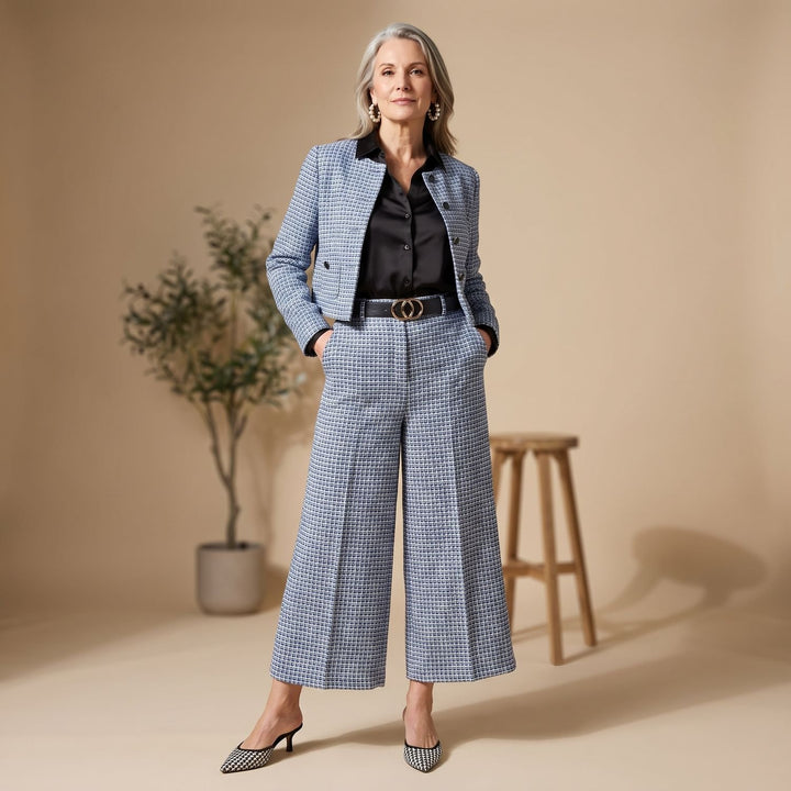 Damen Zweiteiler Tweed-Jacke Weithose elegantes Hosenanzug-Set - Blau