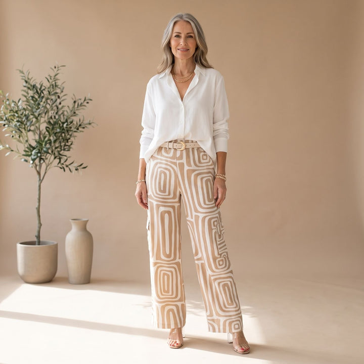 Damen Zweiteiler Weite Hose mit Geometrischem Muster und Gürtel - Beige