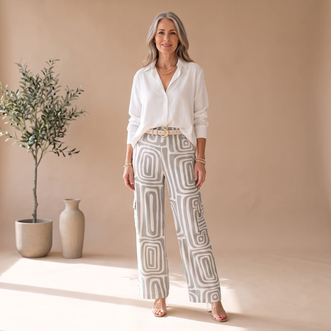 Damen Zweiteiler Weite Hose mit Geometrischem Muster und Gürtel - Grau