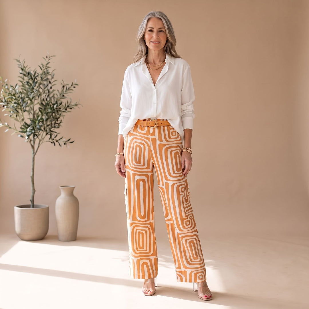 Damen Zweiteiler Weite Hose mit Geometrischem Muster und Gürtel - Orange